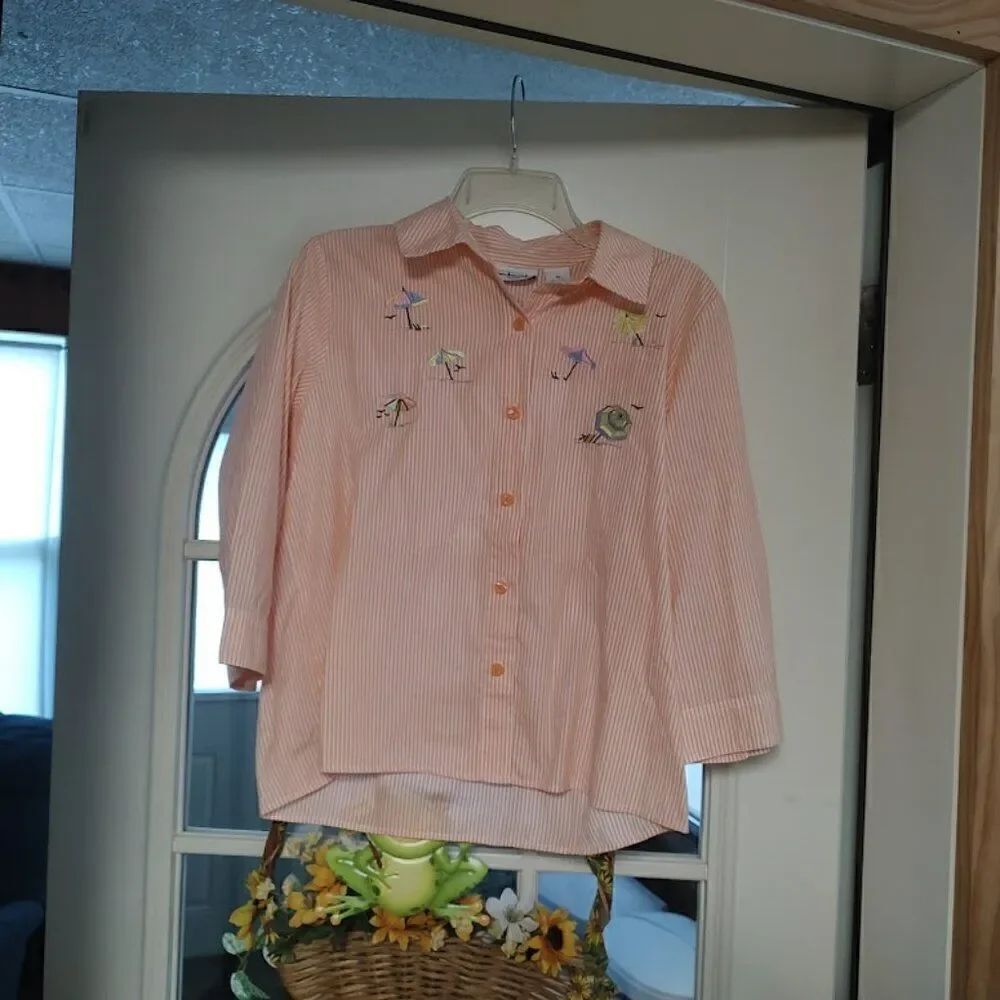 Breckenridge Orange striped Beach Umbrella 3/4 Button Down Shirt Petite M